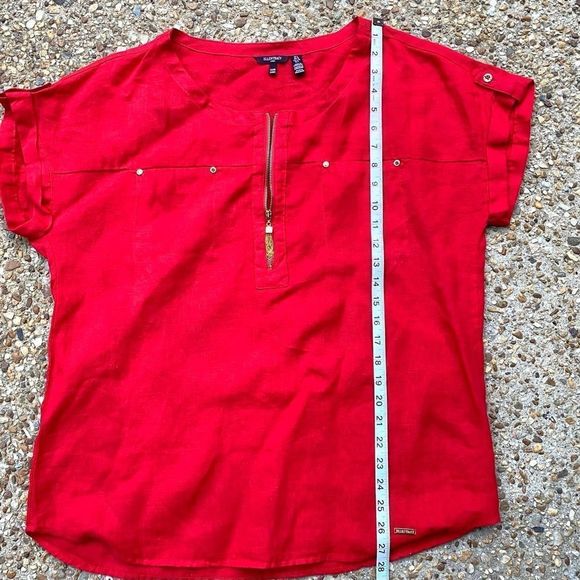 Like New Ellen Tracy Red Linen Gold Details Short Sleeve Blouse Size L - Picture 7 of 9